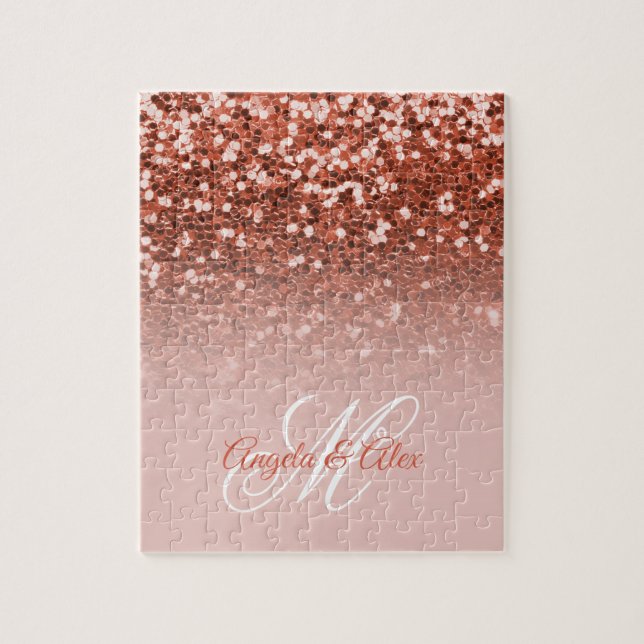 Koppar Rödfärgad Konfetti Glitter Ombre Monogram Pussel (Vertikal)