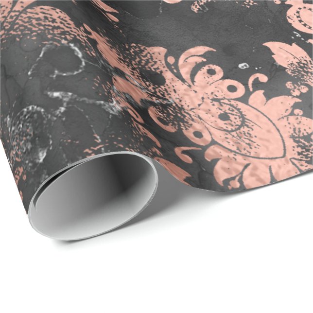 Koppar Rosa Grå Grafit Blommig Grungy Shabby Chic Presentpapper (Rullad Hörn)