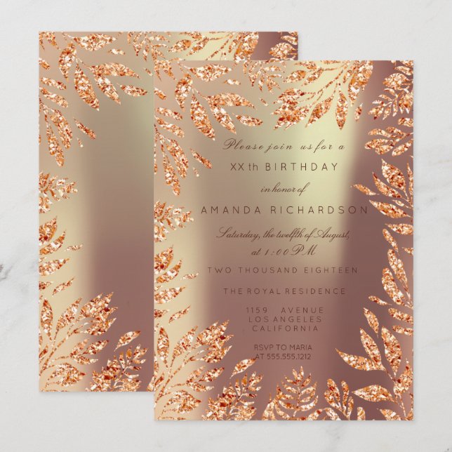 Koppar Rosa Guld Glitterblad Floror Inramade Inbjudningar (Fram/baksida)