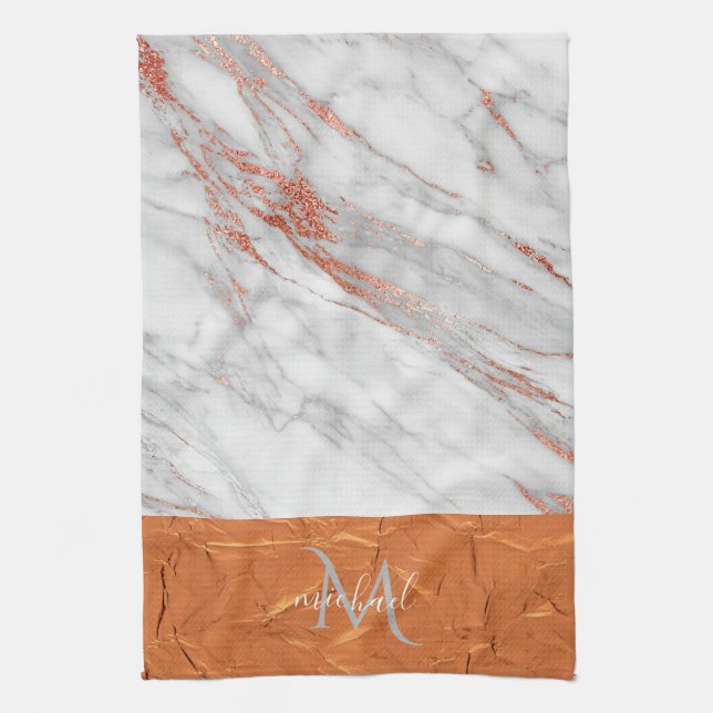 Koppar Rosa Guld & Grå Marmor med Monogram Kit Kökshandduk (Vertikal)