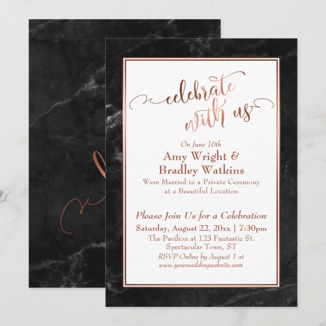 Koppar Svart Marmor Fira med Oss Bröllopsfirande Inbjudningar (Fram/baksida)