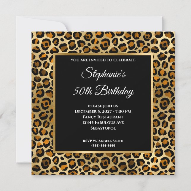 Koppar Svart och Guld Leopard Glam 50-årsdag Inbjudningar (Framsida)