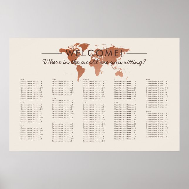 Koppar Världskarta Resa Tema Sittplatskarta Poster (Framsidan)