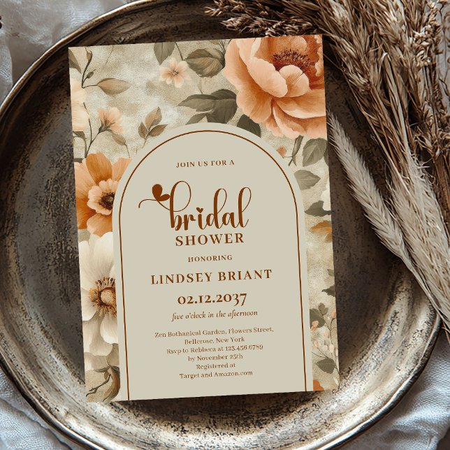 Kopparblommig bohemisk bröllopsduschinbjudan inbjudningar (Copper Floral Bohemian Bridal Shower Invitation)