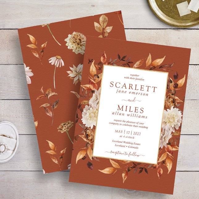 Kopparfall Terrakotta Akvarell Blommig Bröllop Inbjudningar (Copper Fall Terracotta Watercolor Floral Wedding Invitation by Painted Paperie
)