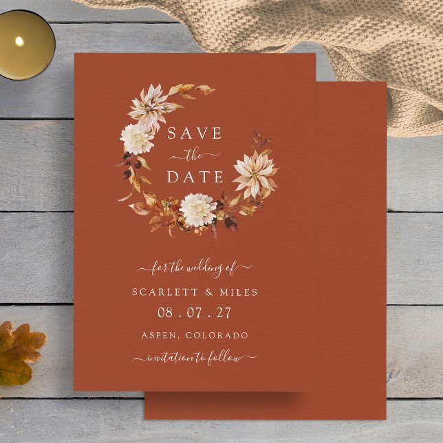 Kopparfallutandning Bröllop spara datum Spara Datumet (Copper Fall Wreath Wedding Save The Date by Painted Paperie
)