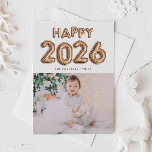 Kopparfetter 2025 Gott nytt år fotofoto Julkort (Customizable photo Happy New Year card featuring festive rose gold foil mylar balloons.)
