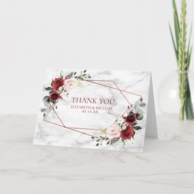 Koppargeometrisk burgundy Marble Photo Bröllop Kort (Framsida)