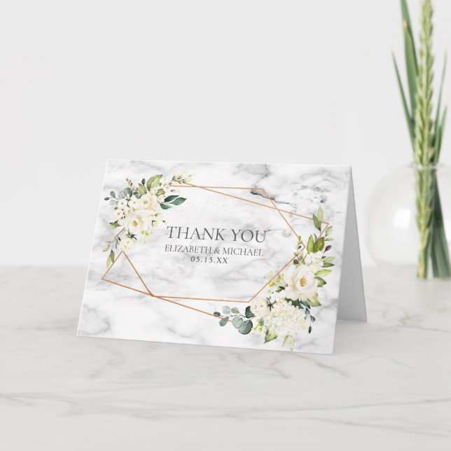 Kopparmarmor Geometric White Blommigt Photo Bröllo Kort (Framsida)