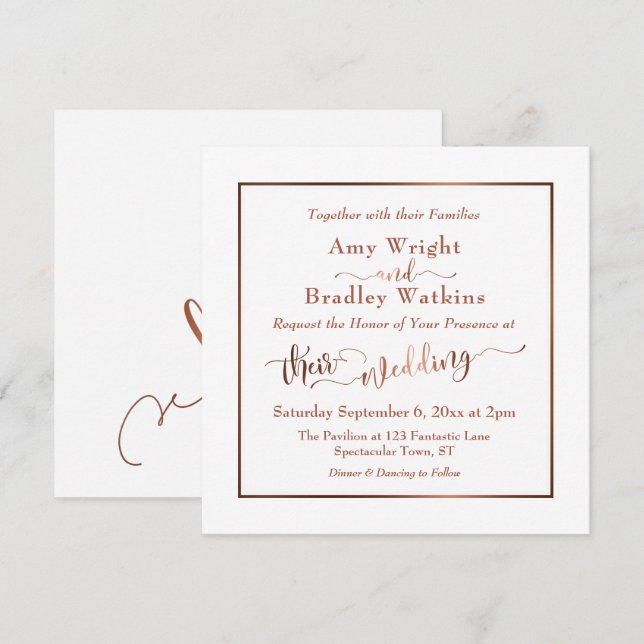 Kopparskript och redigerbart vitt Elegant| Bröllop Inbjudningar (Fram/baksida)