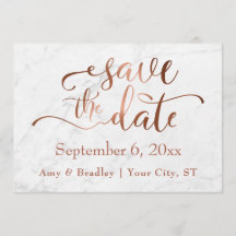 Kopparskript och vit marble Bröllop spara datum
