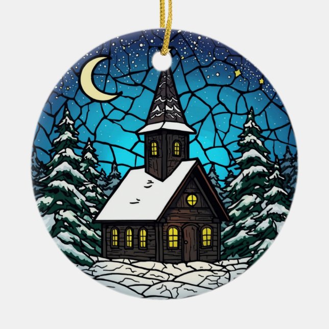 Kor av glas kapell vinter natt julgransprydnad keramik (Framsidan)