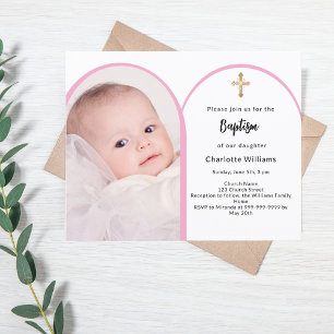 kor Baptism-inbjudan till rosa-fotoarch-flicka
