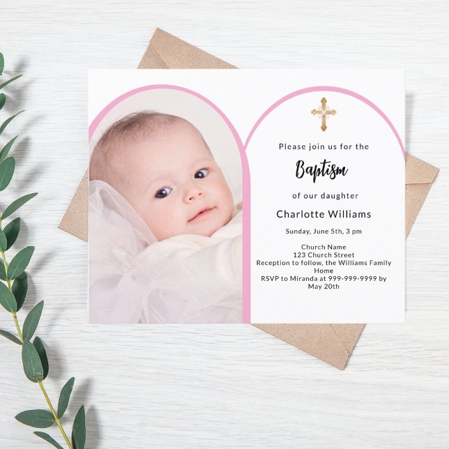kor Baptism-inbjudan till rosa-fotoarch-flicka (Skapare uppladdad)