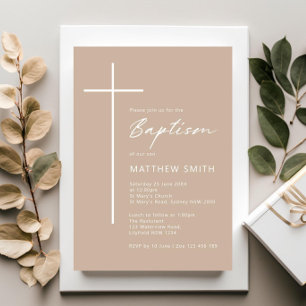 Kor beige kräm-baptism med minimal typografi inbjudningar