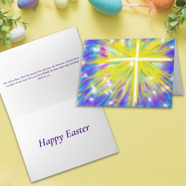 Kor bibelcitat för återupplivning av påsk helgkort (Happy easter abstract art resurrection cross religious folded holiday card Bible quote )