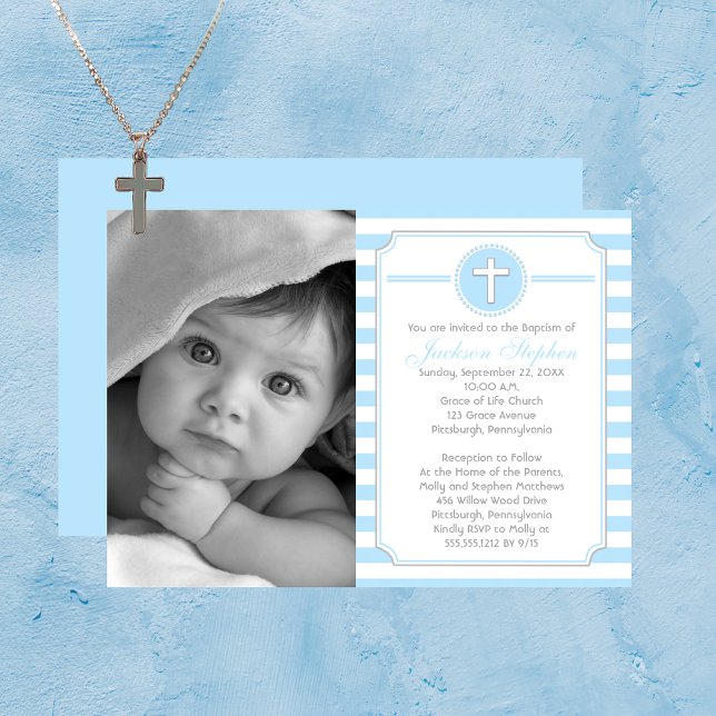 Kor Blue Rand Boy Photo Baptism-inbjudan Inbjudningar (Cross Blue Stripes Boy Photo Baptism Invitation)