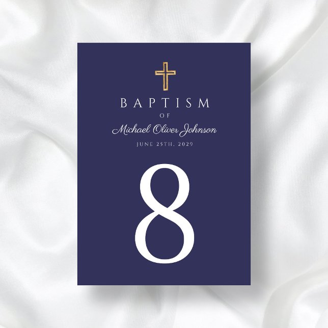 Kor Boy Baptism vid marinblå Religiösa Bordsnummer (Navy Blue Religious Cross Boy Baptism Table Number)