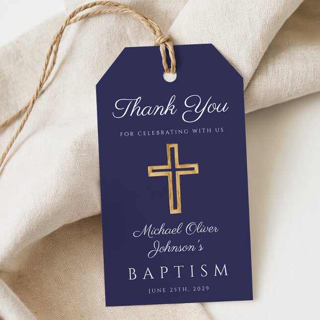 Kor Boy Baptism vid marinblå Religiösa Presentetikett (Navy Blue Religious Cross Boy Baptism Gift Tags)
