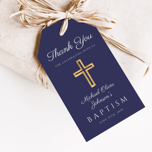 Kor Boy Baptism vid marinblå Religiösa Presentetikett (Navy Blue Religious Cross Boy Baptism Gift Tags)