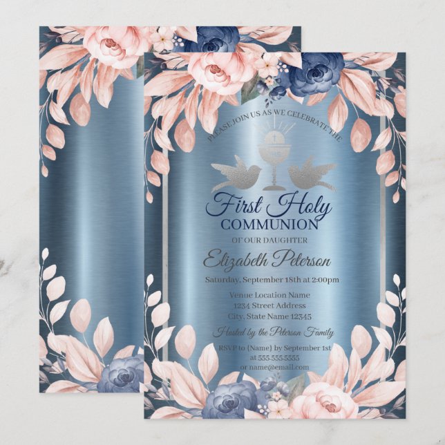 Kor Flowers First Blue Metallic Heliga Communion Inbjudningar (Fram/baksida)