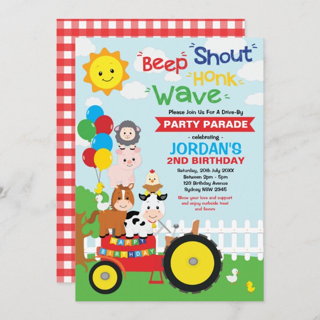 Kör genom Födelsedagsfest Parad Boskap Inbjudningar (Fram/baksida)