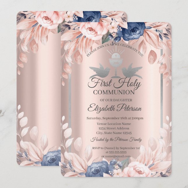 Kor Guld Flowers First Heliga Communion Inbjudningar (Fram/baksida)