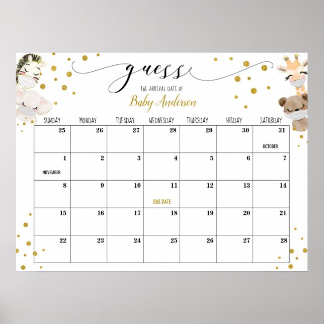 Kör-igen Baby Shower Gissa Förfallodatum Kalender  Poster (Framsidan)