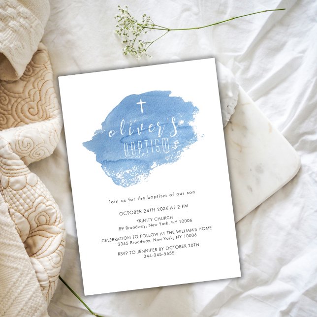  Kor-julklassen Baptism Inbjudningar (Blue Watercolor Blush Cross Christening Baptism Invitation)