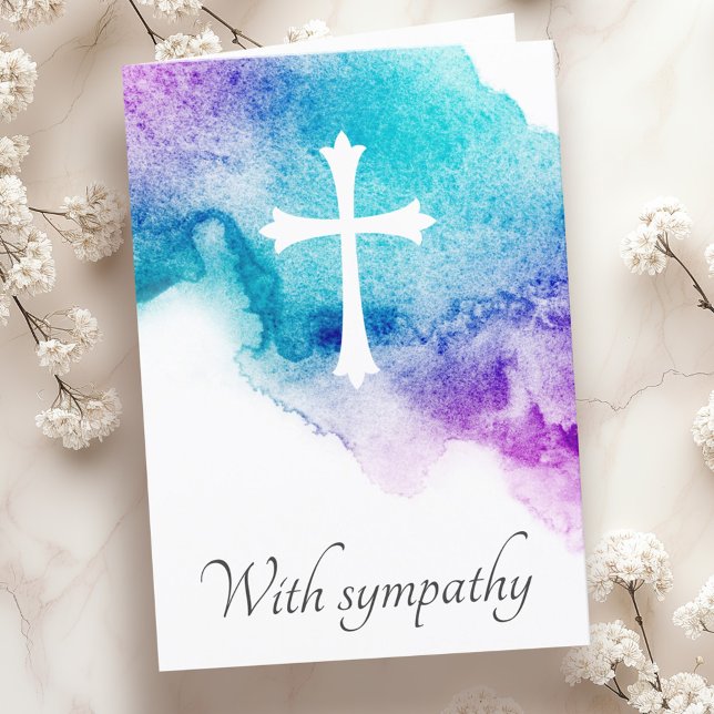 Kor lila, blå vattenfärgssympati kondoleans kort (Cross purple blue watercolor sympathy condolence card)