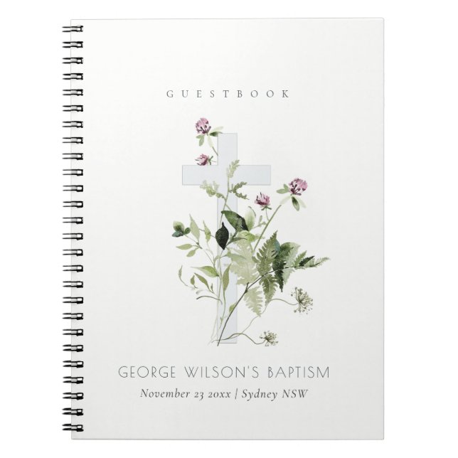 Kor Lila Wildblommes Blommigt Baptism Guestbook Anteckningsbok (Framsidan)