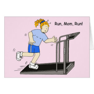 Kör Mamma Tecknad Dam på Treadmill Hälsningskort