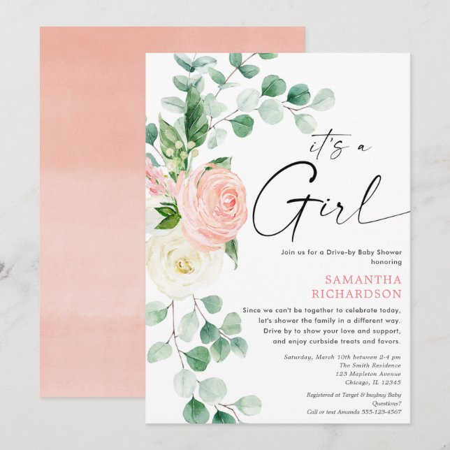 Kör med babydusch vår blommigt rosa Greenery Inbjudningar (Fram/baksida)