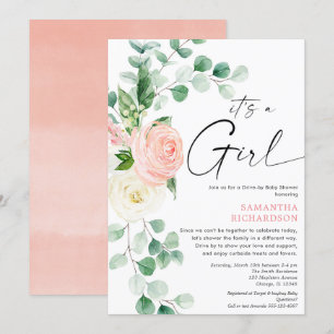 Kör med babydusch vår blommigt rosa Greenery Inbjudningar