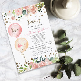 Kör med Balloons Rosa Blommigt Girl Baby Shower Inbjudningar