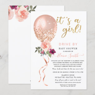 Kör med Blommigt Balloon Rosa Glitter Baby Shower Inbjudningar