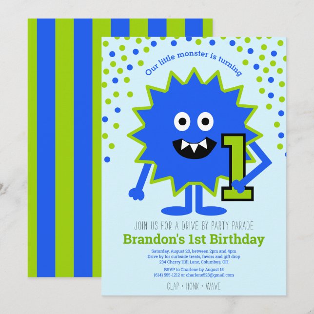 Kör med Blue Cute Little Monster Boy 1:a födelseda Inbjudningar (Fram/baksida)
