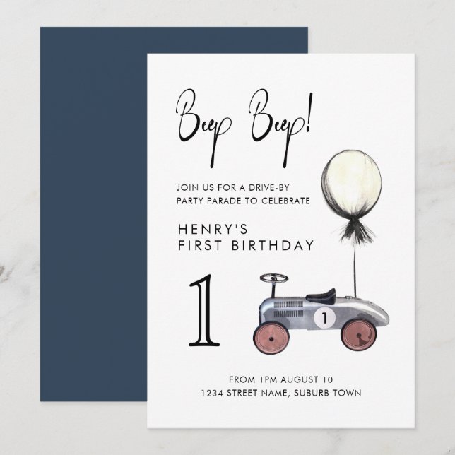 Kör med den första födelsedag Parad Retro Blue-bil Inbjudningar (Fram/baksida)