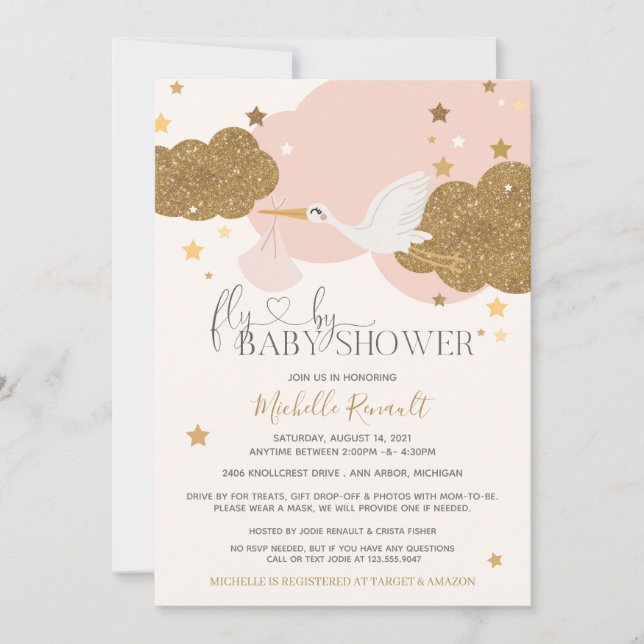 Kör med "Fly by" Stork Rosa Guld Girl Baby Shower Inbjudningar (Framsida)