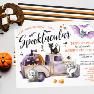 Kör med Halloween-födelsedagstrunk eller behandla Inbjudningar