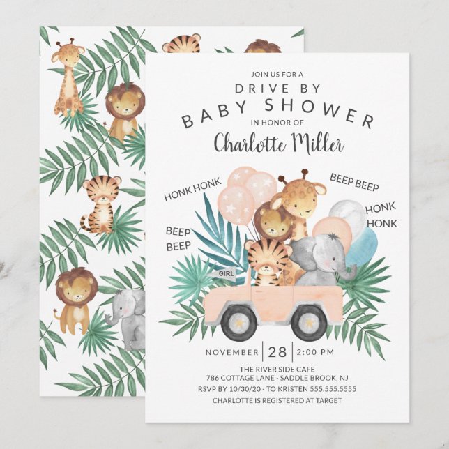 Kör med jungle Animals Girls Baby Shower Inbjudningar (Fram/baksida)