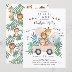 Kör med jungle Animals Girls Baby Shower Inbjudningar