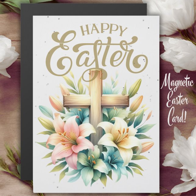 Kor med Lilies Anpassningsbar Christian Påsk (Wooden Cross With Lilies Custom Christian Magnetic Easter Card.)