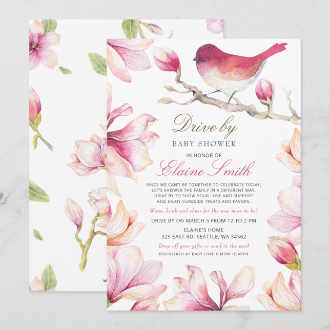 Kör med Sweet Bird Rosa Blommigt Girl Baby Shower Inbjudningar (Fram/baksida)
