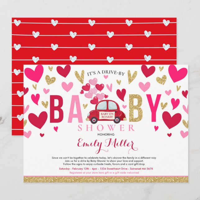 Kör med Valentine Baby Shower Swehoney Red Rosa Inbjudningar (Fram/baksida)
