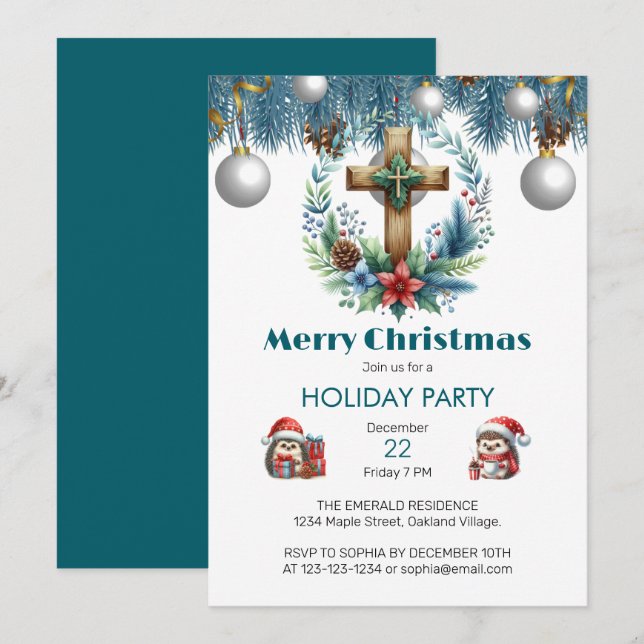 Kor med vinterblå dekorjul inbjudningar (Fram/baksida)