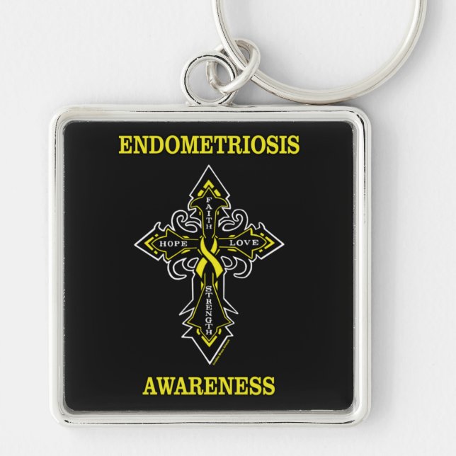 Kor/Medvetenhet.. Endometrios Fyrkantig Silverfärgad Nyckelring (Framsidan)