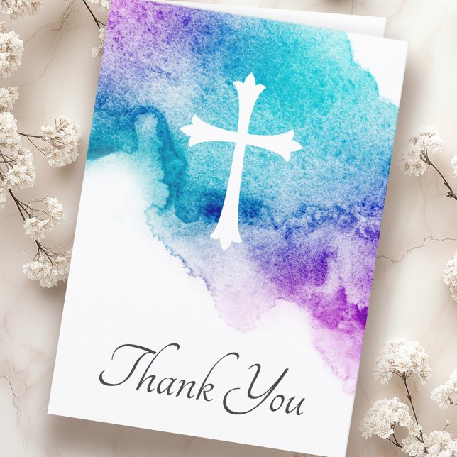 Kor och lila, blå vattenfärgssympati tack kort (Cross & purple blue watercolor sympathy thank you card)