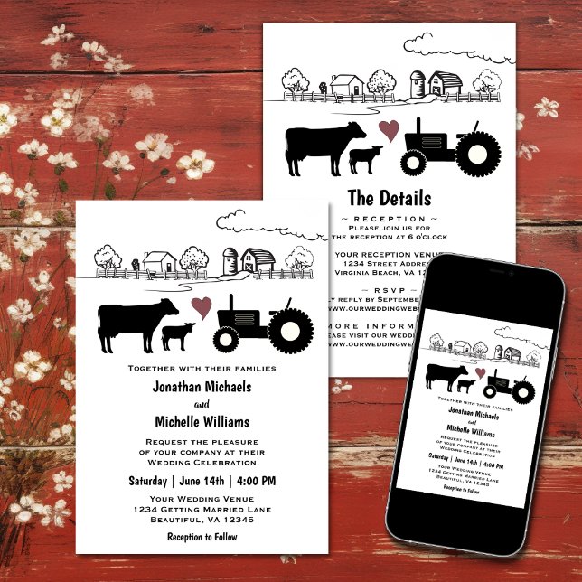 Kor och traktor Land-gård alla i ett Bröllop Inbjudningar (Cows and Tractor Country Farm All in One Wedding Invitation
)