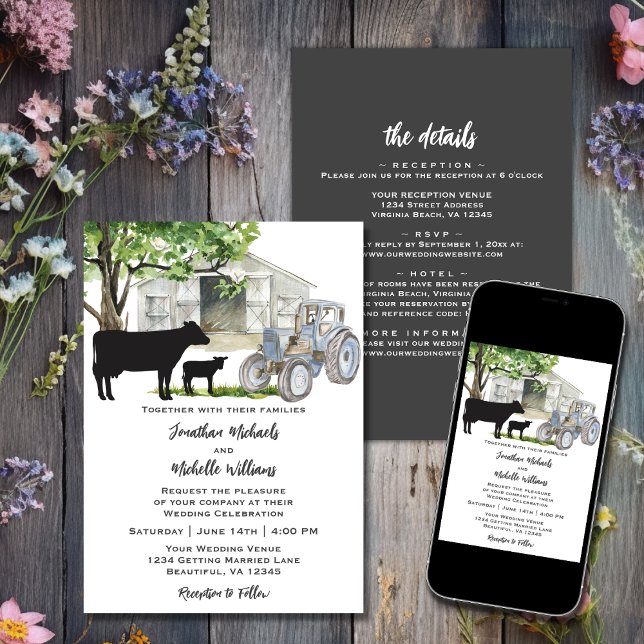 Kor och traktor Land-gård alla i ett Bröllop Inbjudningar (Printed and Digital - Cows and Tractor Country Farm All in One Wedding Invitation)